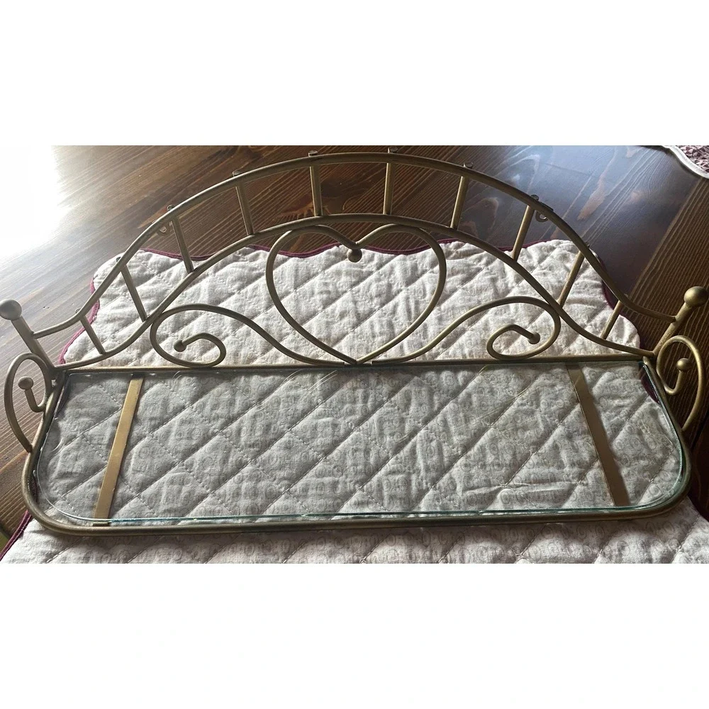 Vintage Glass Wall Shelf  Brass Heart Design Cottage Farmhouse Nursery Bathroom